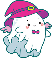 Illustration of cute white ghost icon.
Funny white ghost in activities stickers.
A cute white ghost wearing a witch hat and wings