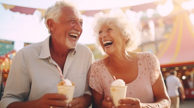 Beautiful sweet happy retired gray haired senior couple laughing, smiling, and eating ice cream in amusement park during festival.