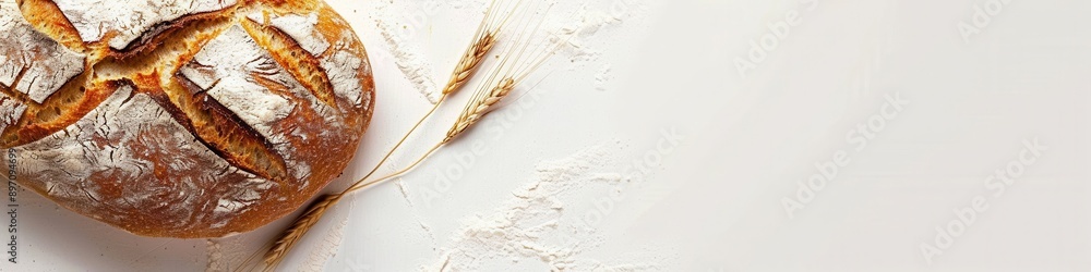 Poster a freshly baked loaf of wheat bread rests on a white background, dusted with flour. two stalks of wh