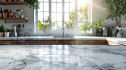 Fototapeta premium White Marble Countertop with Blurred Kitchen Background
