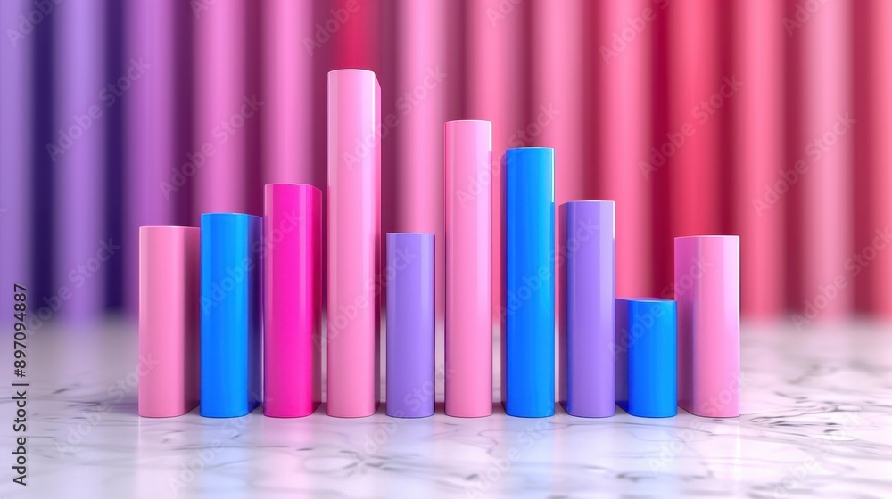 Poster colorful cylindrical objects of various heights arranged in a pattern on a marble surface with a blu