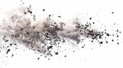 dynamic composition of airborne debris and dust particles sharp focus captures individual pieces frozen in motion against pristine white background