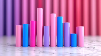 Fototapeta premium Colorful cylindrical objects of various heights arranged in a pattern on a marble surface with a blurred multi-colored background.