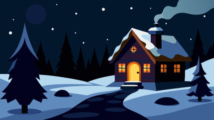  Beautiful winter snow, cottage covered with snow, torchlight outside of the cottage, night mode background, vector art illustration