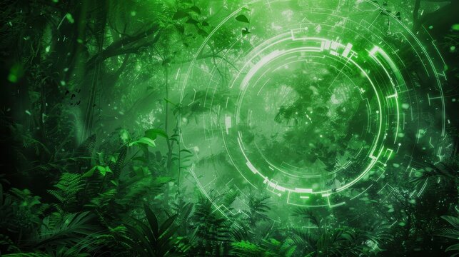 Futuristic digital interface overlaid on a lush green rainforest background, merging technology and nature in a compelling visual.