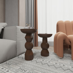  Render of wooden mushroom coffee table in the living room with wooden wall panel armchair and sofa. 