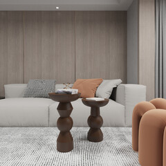  Render of wooden mushroom coffee table in the living room with wooden wall panel armchair and sofa. 