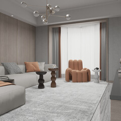  Render of wooden mushroom coffee table in the living room with wooden wall panel armchair and sofa. 
