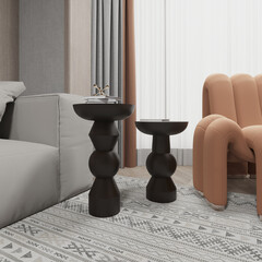  Render of wooden mushroom coffee table in the living room with wooden wall panel armchair and sofa. 