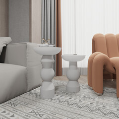 Render of wooden mushroom coffee table in the living room with wooden wall panel armchair and sofa. 