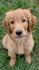 Golden retriever puppy sitting on grass, close-up. Adorable pets and outdoor concept