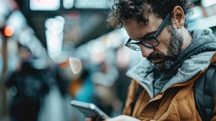 Fototapeta premium A person wearing a jacket and hoodie stands in a busy subway station checking their phone, capturing a scene of modern urban life and the focus on personal technology.