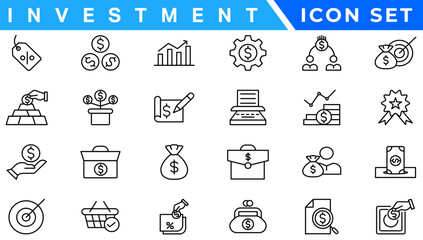 Investment icon set. Containing investor, mutual fund, asset, risk management, economy, financial gain, interest and stock icons. Solid icon collection.