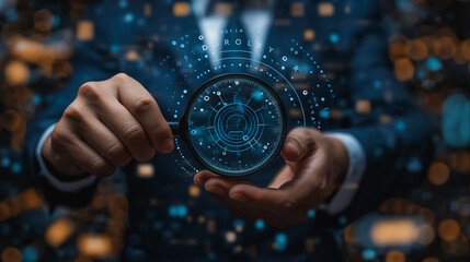 A man is holding a magnifying glass over a computer screen with a blue background. Concept of curiosity and exploration