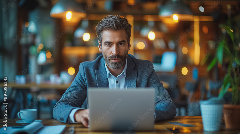 Aufkleber a man in a suit is sitting at a desk with a laptop in front of him. he is focused on his work, possi