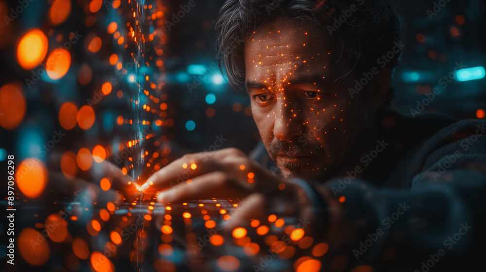Poster a man is looking at a computer keyboard with a lot of glowing lights. the image has a futuristic and