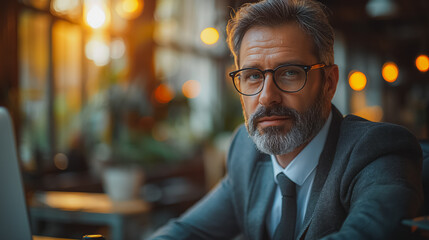 Fototapeta premium A man wearing glasses and a suit is sitting at a table with a laptop. He is focused on his work