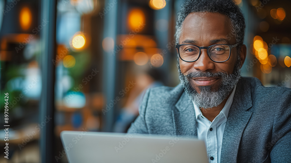 Poster a man with glasses is sitting at a table with a laptop open in front of him. he is smiling and he is