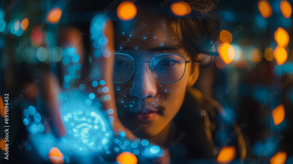 Poster a man is looking at a blue object with her finger. the blue object is surrounded by a blurry, glowin