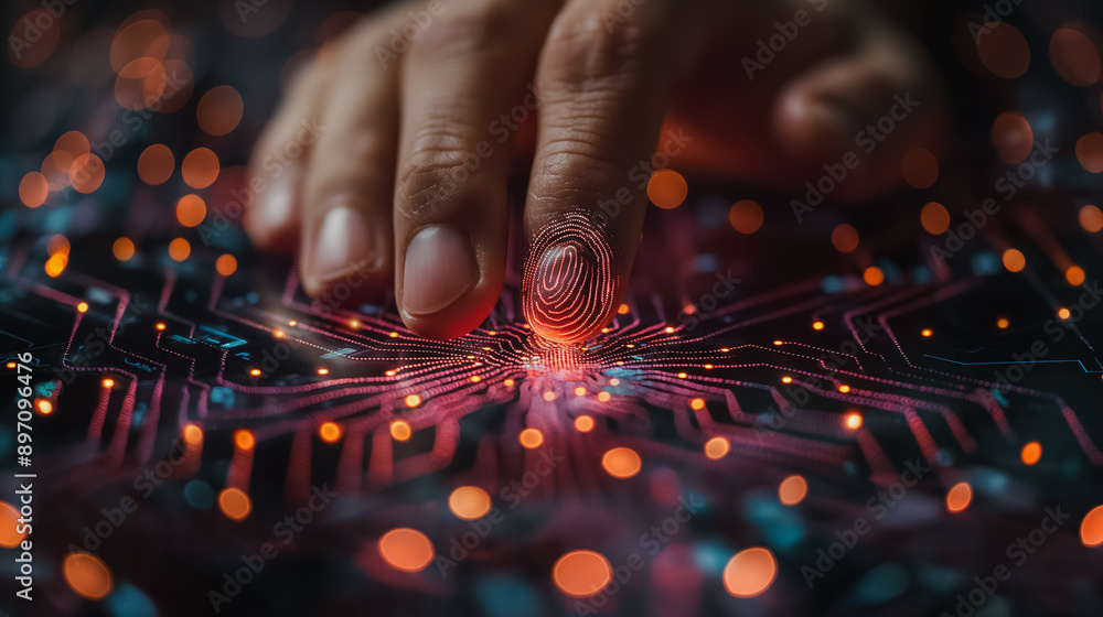 Poster a hand is touching a glowing object that looks like a fingerprint. the image has a futuristic and te