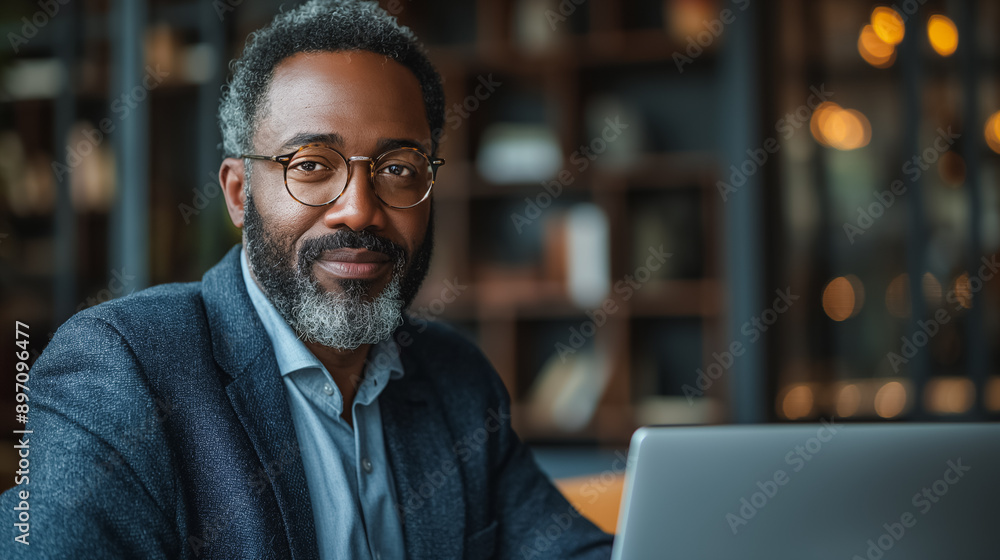 Poster a man wearing glasses and a suit is sitting at a table with a laptop. he is smiling and he is in a g