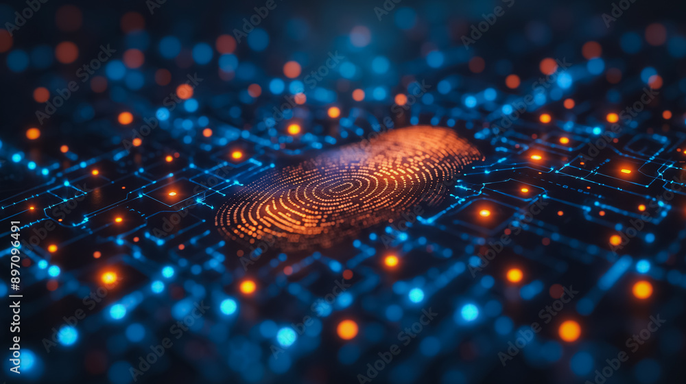 Poster a close up of a fingerprint on a blue and orange background. the image is abstract and has a futuris