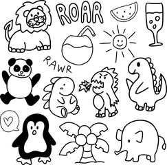 Outline drawing of dinosaurs, elephants, lion, coconut drink, watermelon, panda, penguin, coconut tree, champagne drink for kid colouring book, painting, summer, zoo, amusement park, cartoon character