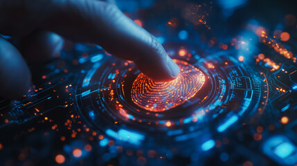 A hand is touching a blue and orange circle that looks like a fingerprint. The image has a futuristic and technological feel to it