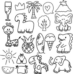 Outlines drawing of dinosaurs, elephants, giraffe, coconut tree, watermelon, sun, ice cream, surf, bikini, pineapple, champagne drink for kid colouring book, summer, zoo, theme park, cartoon character