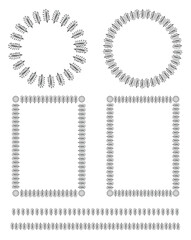 Set of abstract decorative elements: frames and lines. Black line stylish design with plants. Square and round frames.
