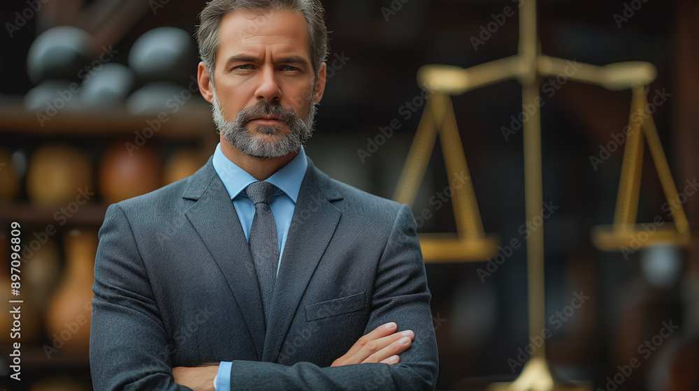 Poster a man in a suit and tie stands in front of a scale. he is looking at the camera with a serious expre