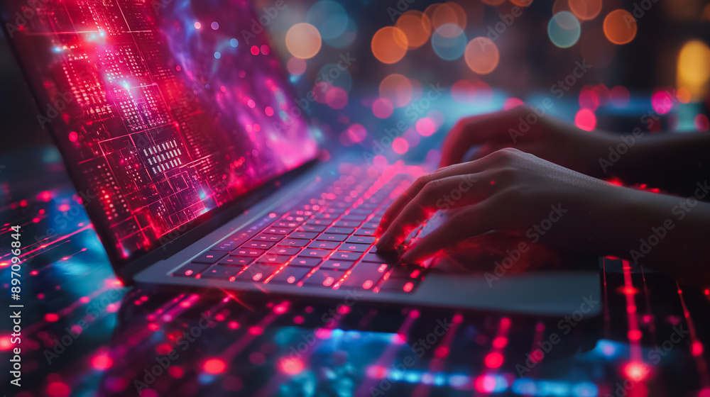 Poster a person is typing on a laptop with a red background. concept of technology and productivity, as the