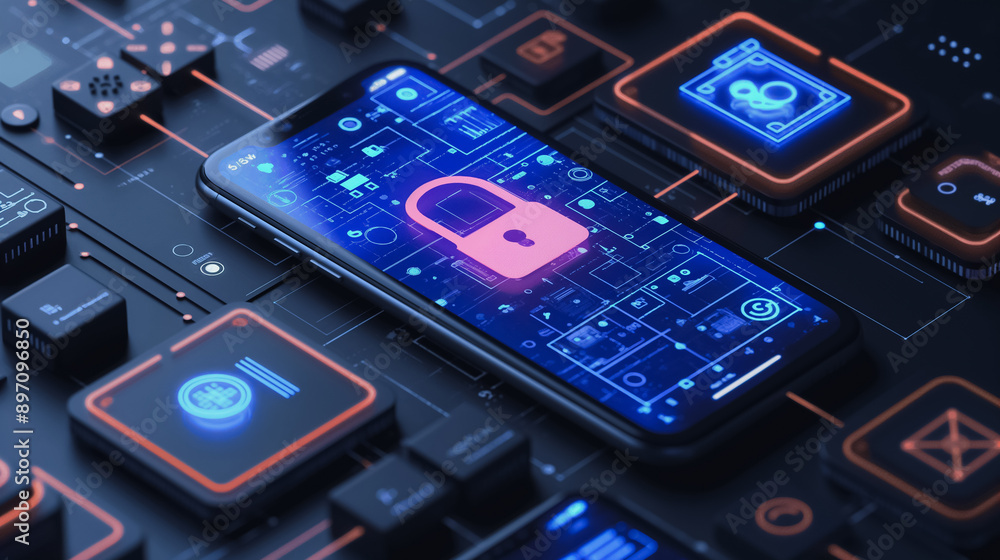 Poster a cell phone with a red lock on it is surrounded by a colorful array of icons. concept of technology