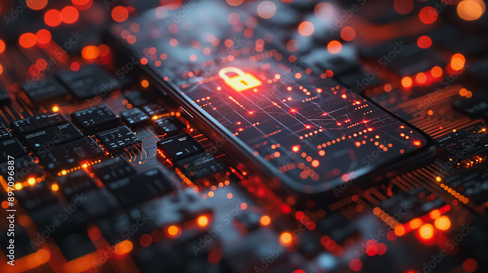 Poster a cell phone with a red lock on it. the image is of a circuit board with a phone on it