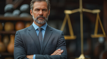 Fototapeta premium A man in a suit and tie stands in front of a scale. He is looking at the camera with a serious expression