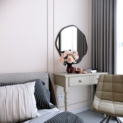 Render of bedroom vanity corner with organic circle shaped mirror, beige vanity desk and beige armchair.