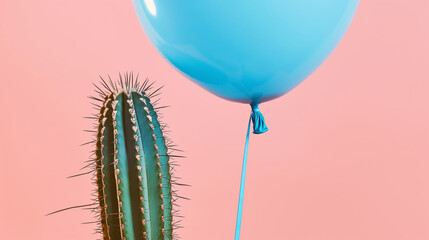 Blue Balloon Tied to a Cactus Against a Pink Background - Creative Surreal Art Concept
