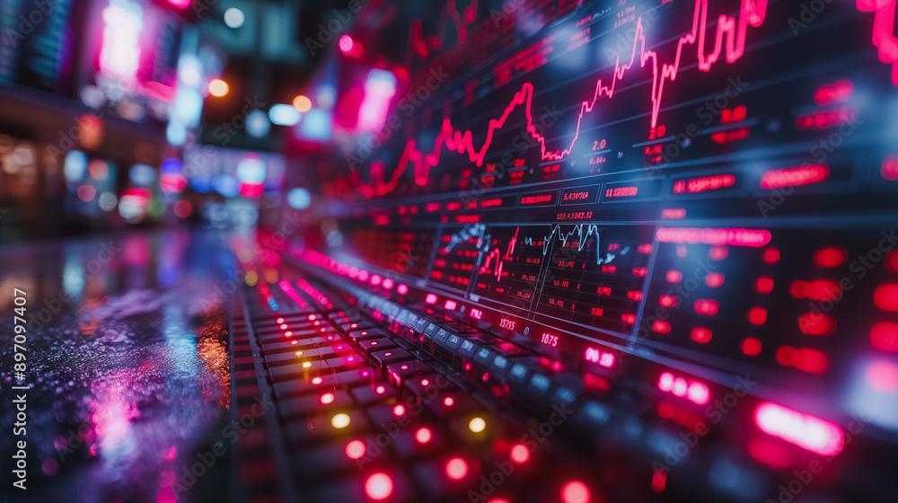 Poster stock market background with integrated data processing and diagrams, showcasing financial metrics a