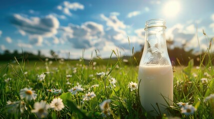 Cow milk from the Netherlands on grass in a field with blue sky