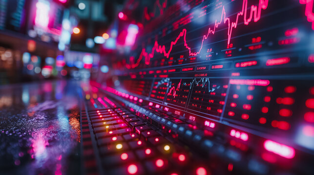 Stock market background with integrated data processing and diagrams, showcasing financial metrics and analytical insights. - Powered by Adobe