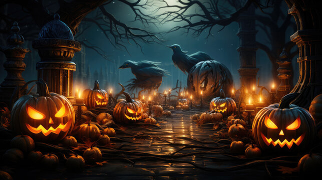 Halloween pumpkin head jack lantern with burning candle, ominous house in the background, wallpaper, generative AI