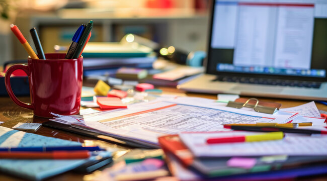 Messy desk covered with papers, sticky notes, and a laptop, accountant working from home