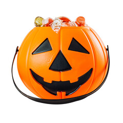 Pumpkin basket filled with wrapped candies design element.