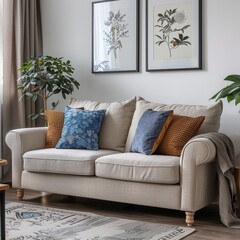Cozy Student Apartment with Fabric Sofa and Posters on White Background, Copy Space for Text