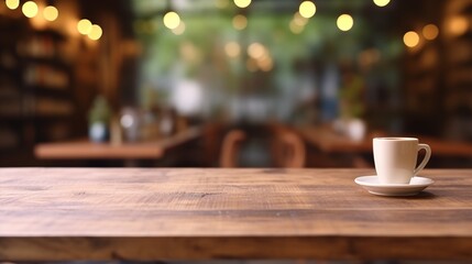 Blurred coffee shop and restaurant interior background with empty wooden table. Use for products display or montage.