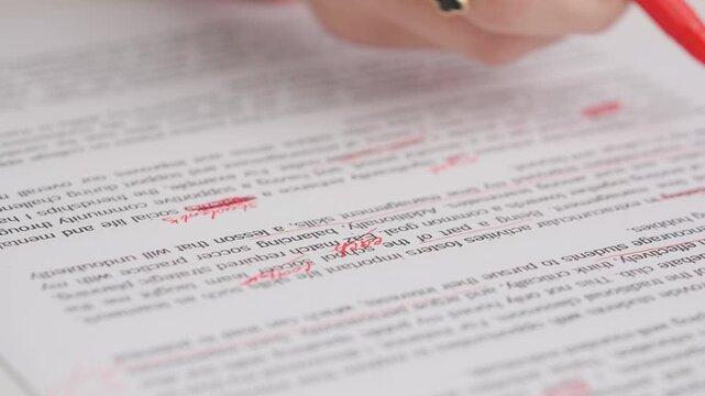 Professional school or college teacher grades a homework exam papers of students. Woman checks essay, crosses many wrong words, corrects it with red pen.