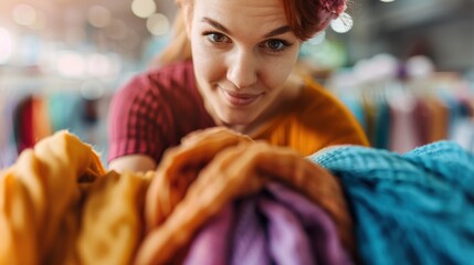 A woman with an approachable smile holding a stack of colorful fabrics in a store, with various vibrant hues in the background, creating an inviting atmosphere.