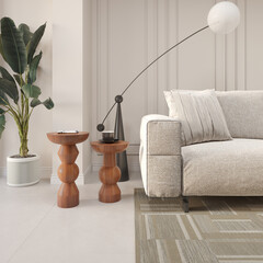 Render of wood mushroom coffee table in the living room 