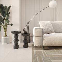 Render of wood mushroom coffee table in the living room 