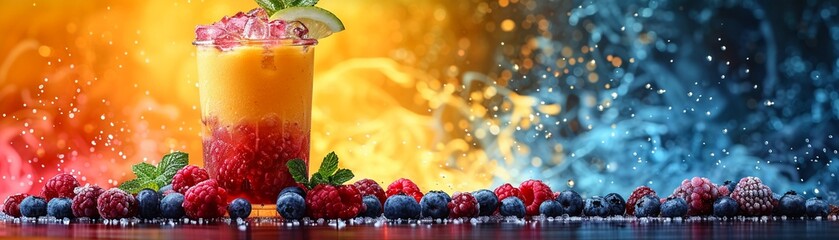 A vibrant fruit smoothie in a glass pop art bold colors dynamic composition